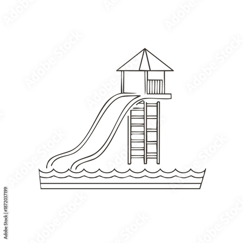Waterpark Slide Structure Tower with Water Waves Simple Line Art, Water Attraction Illustration