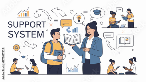Illustration of a supportive teacher and student discussing a book surrounded by various learning icons and graphics in a colorful educational setting.