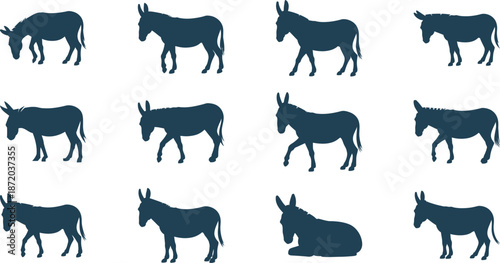 Donkey Silhouettes Vector Set Various Poses Standing Walking Lying Down Domestic Animals
