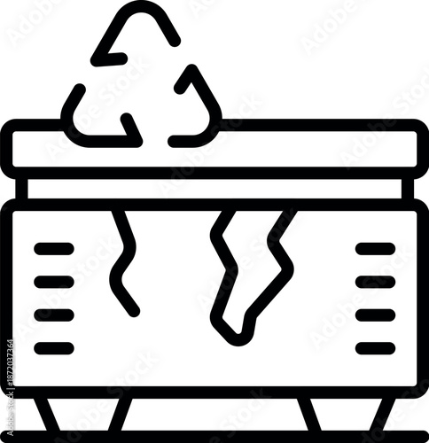 Broken recycling container with recycling symbol on top, highlighting environmental damage and waste management challenges