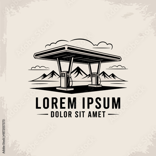 An artistic representation of a gas station set against a backdrop of mountains, incorporating a vintage design style, evoking nostalgia and travel in a minimalist fashion.