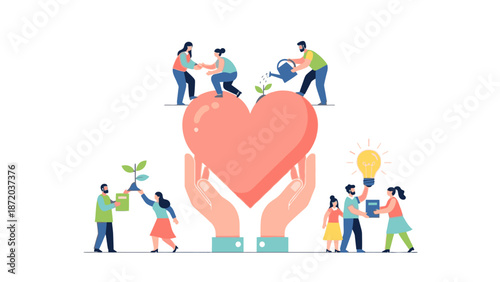 Illustration of a diverse group of people supporting a large heart with their hands and teamwork, conveying a sense of community and care in a flat, colorful style against a clean white