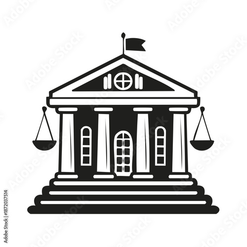 Iconic Court House Building Symbolizing Legal Justice in Silhouette Style, Architectural Design with Scales of Law and Order