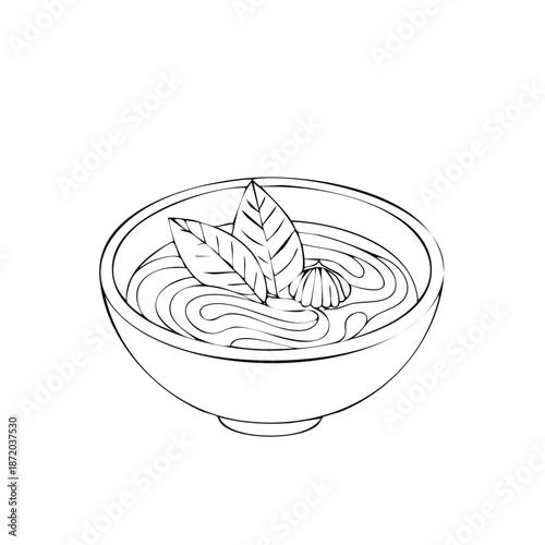 Line art illustration of soup bowl with broth noodles leaves and edible garnish