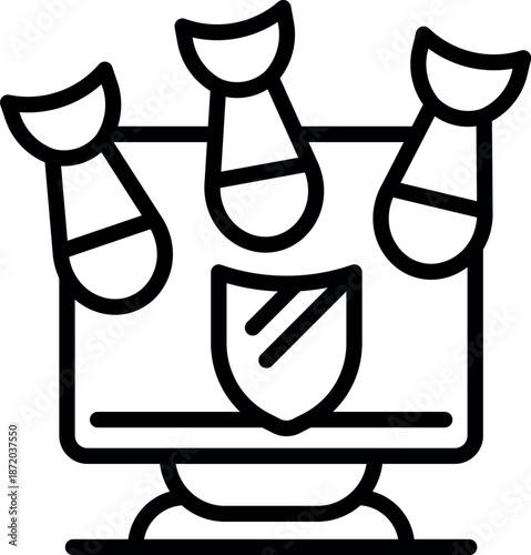 Cyber security concept with bombs attacking computer monitor and shield protecting it