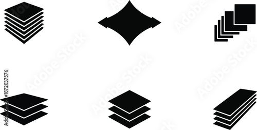 Layered shapes and stacked objects black vector icons representing multiple levels organization and data sets in abstract graphic forms.
