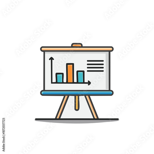 Flip chart with bar graph on presentation board depicting business growth, business strategy planning for success, line art style, marketing data analysis.