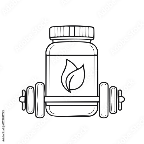 Supplement Jar with Plant Leaf and Dumbbell, Fitness Nutrition Outline