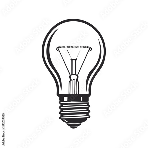 Classic lightbulb illustration shows glass bulb and tungsten filament in a black and white design