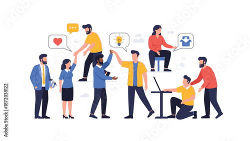 Illustration of a diverse group of people collaborating and interacting in a support system with laptops and speech bubbles on a white background.