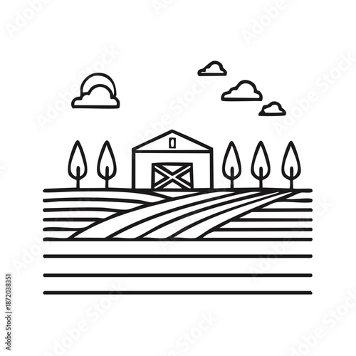 Line art agricultural scene showing barn, trees, fields, sun and clouds in a simplistic style.