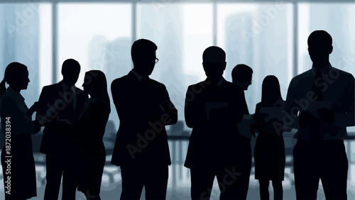 Diverse group of business professionals standing together in silhouette against a bright window backdrop.