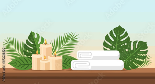 A serene spa scene featuring candles towels and tropical leaves creating a relaxing ambiance