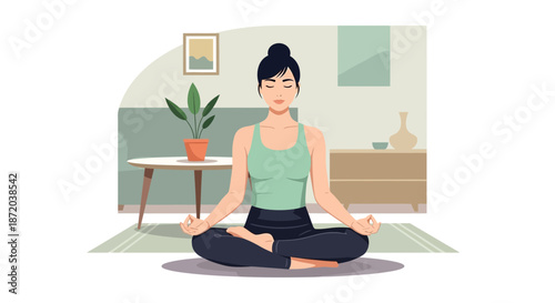 A serene woman practices yoga in her living room finding inner peace and harmony through