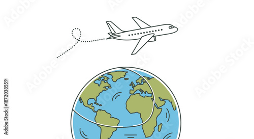 A simple illustration of a plane flying above the globe, symbolizing international travel and