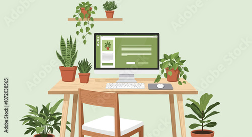 A serene workspace filled with lush plants creates a calming and productive atmosphere indoors