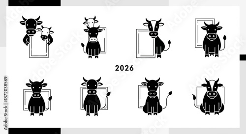 A set of adorable cartoon cow illustrations with square frames for a calendar year 2026