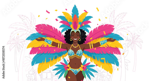 A Smiling Woman Celebrating Carnival in Colorful Costume with Festive Feathers around Palm Trees