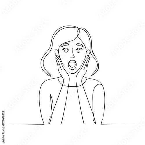Surprised Woman Portrait with Open Mouth and Hands to Cheeks in Continuous Line Drawing