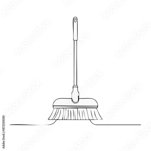 Line art drawing of broom cleaning floor, domestic tool, housework equipment