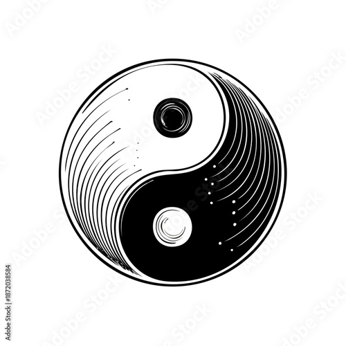 Black and White Yin Yang Symbol Illustrating Harmony and Balance, Traditional Asian Philosophy Icon Graphic