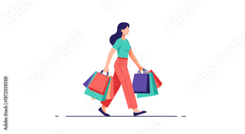 A stylish woman walks with shopping bags conveying consumerism and retail therapy after a spending