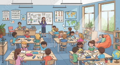 A vibrant cartoon depiction of a classroom scene filled with students and a teacher