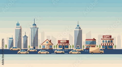 A vibrant city skyline illustration featuring modern architecture and bustling street traffic in a
