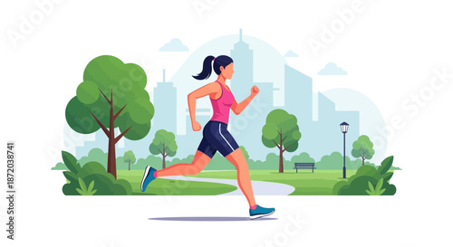 A Vibrant Illustration of a Woman Jogging in a Lush Green Park with Cityscape Backdrop