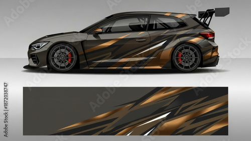 Custom designed car wrap featuring abstract gold and bronze geometric patterns on a dark grey sports car.