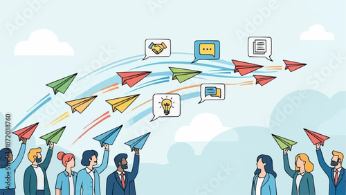 Diverse group of people launching paper airplanes with ideas flying.