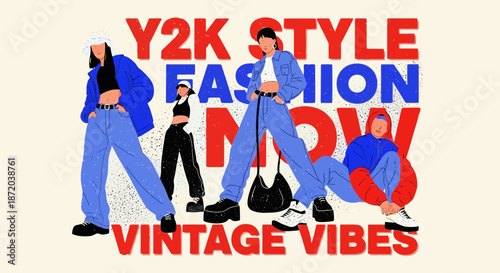 A vibrant illustration showcasing Y2K fashion trends and vintage vibes with diverse models
