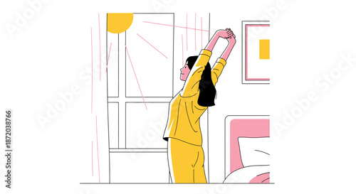 A vibrant illustration of a woman stretching towards the sunlit window in her bedroom