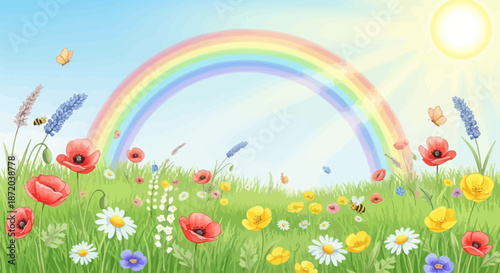A vibrant spring meadow with a colorful rainbow illuminating a landscape of blooming wildflowers