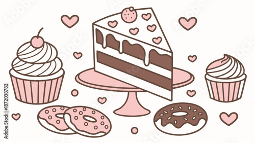 Delicious sweet treats arranged with heart decorations