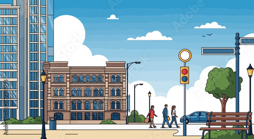 A vibrant urban scene illustration showcasing city life with buildings, pedestrians and street