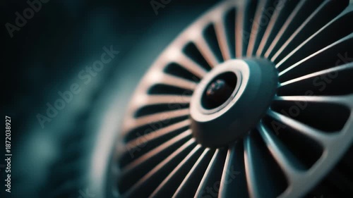 Close-up of a detailed turbine engine showcasing its metallic components and complex design