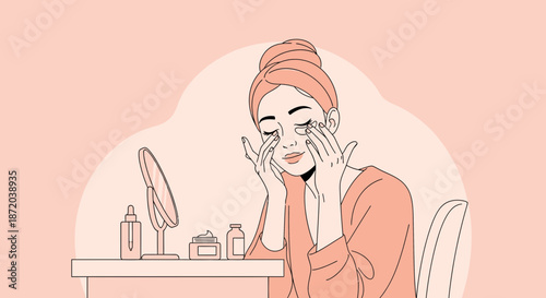 A woman is depicted applying eye cream in a skincare routine illustration with a mirror and beauty