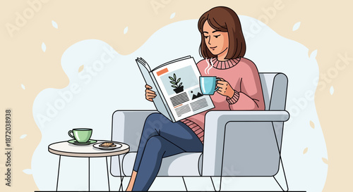 A Woman Enjoys Leisure Time at Home Reading a Magazine and Sipping a Cup of Coffee in Comfort