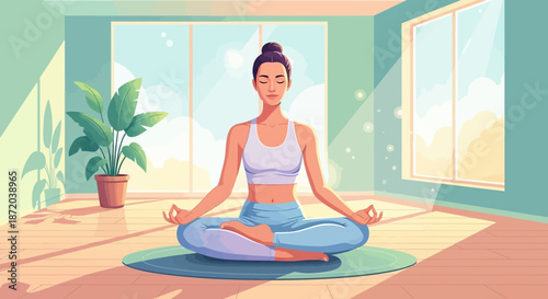 A woman meditating in a bright room illustration for wellness and relaxation practices