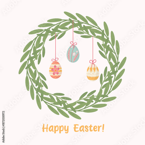 Greeting card of Easter wreath made of olive branches Hanging decorated eggs. Ideal for spring holidays, greeting cards, invitations, prints, design projects. Text Happy Easter