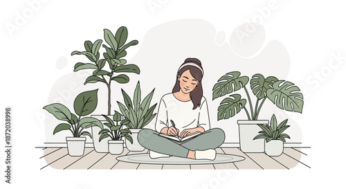 A woman's tranquil journaling session surrounded by lush greenery and houseplants in a peaceful
