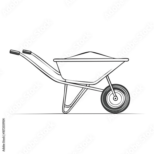 Isolated simple line illustration of a garden wheelbarrow filled with soil or sand for yard work and landscaping projects