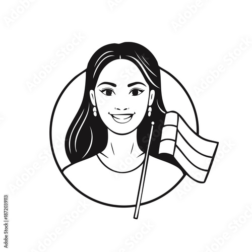 Smiling woman avatar icon holding striped flag with pride in a circular frame vector illustration symbol of support and inclusion