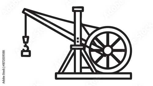 An illustration of a traditional crane lifting a heavy load with a large wheel and pulley system.