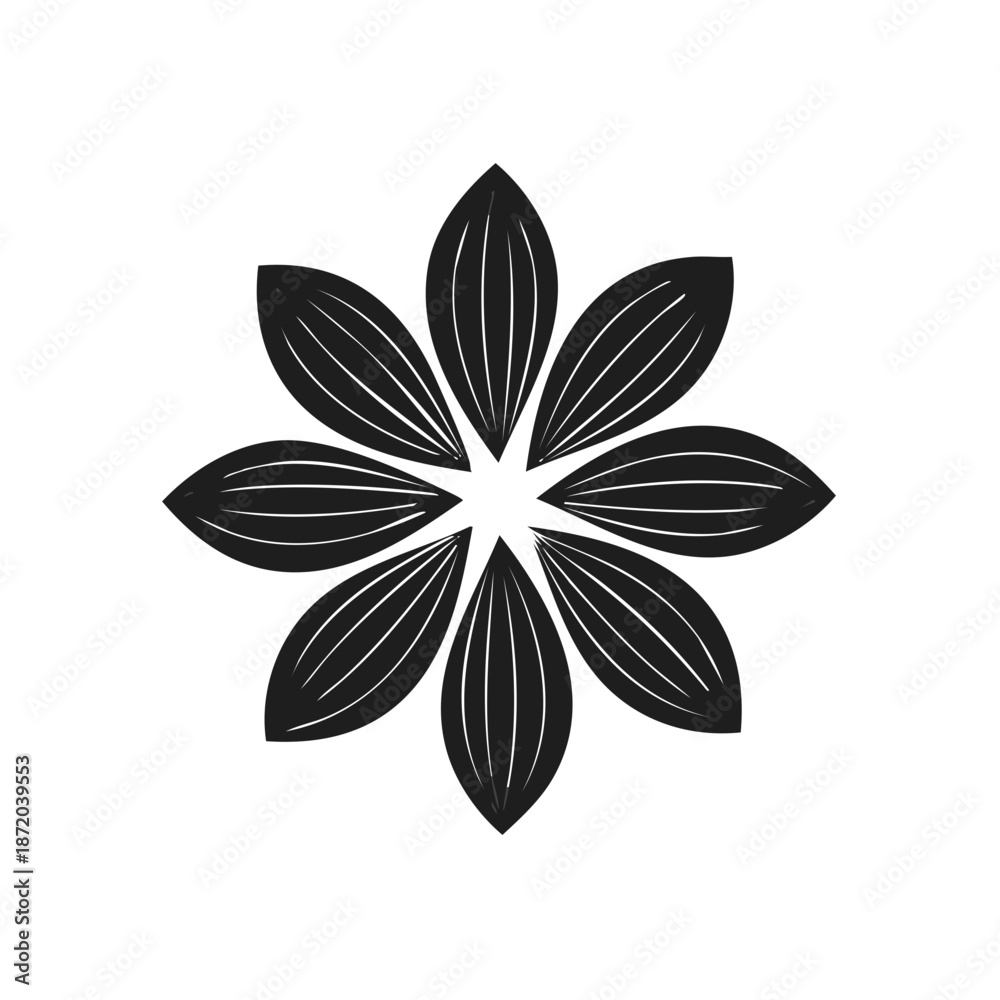 Obraz premium Stylized Floral Shape with Symmetrical Leaf Pattern Simple Black Design Aesthetic