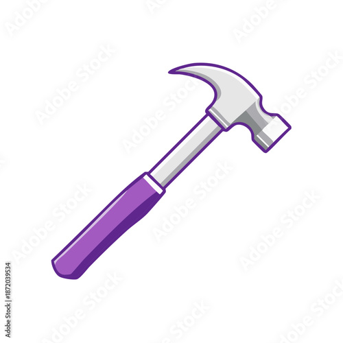 Cartoon hammer construction tool with purple handle isolated on white vector illustration. Building, repair, carpentry hand equipment.