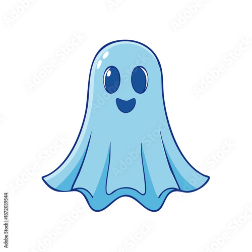 Cartoon illustration of a cute happy light blue ghost with big eyes and a friendly smile hovering in the air
