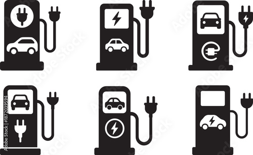 Electric car charging station icon set for EV power plug charging infrastructure bundle. Automobile cable contour and plug charging. Eco friendly electro auto vehicle concept.

