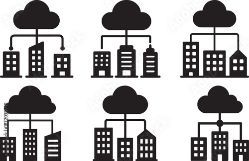 Cloud connected smart city building network icons set for digital infrastructure concept

